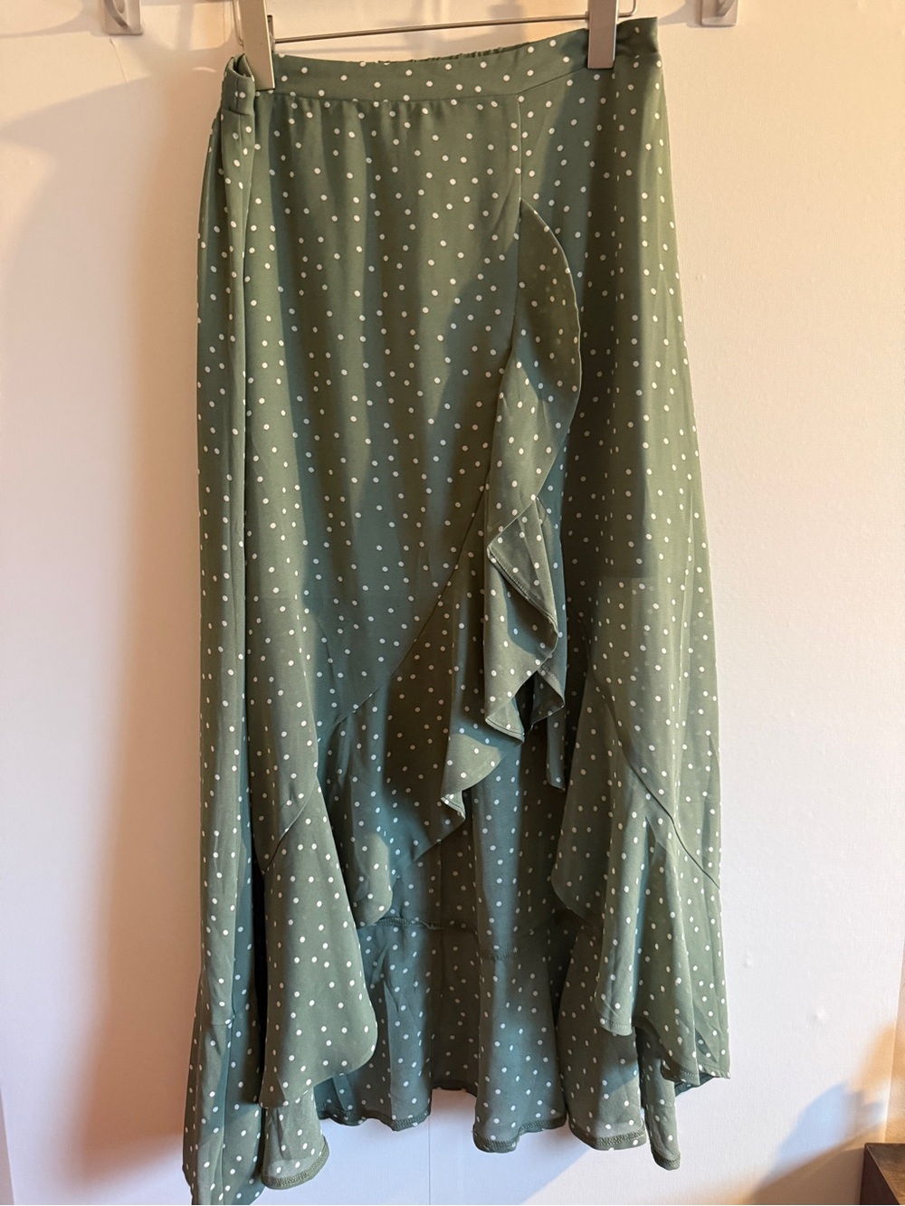 Dress Forum Sage Green Polka Dot Faux Wrap Midi Skirt Large Ruffle Hem